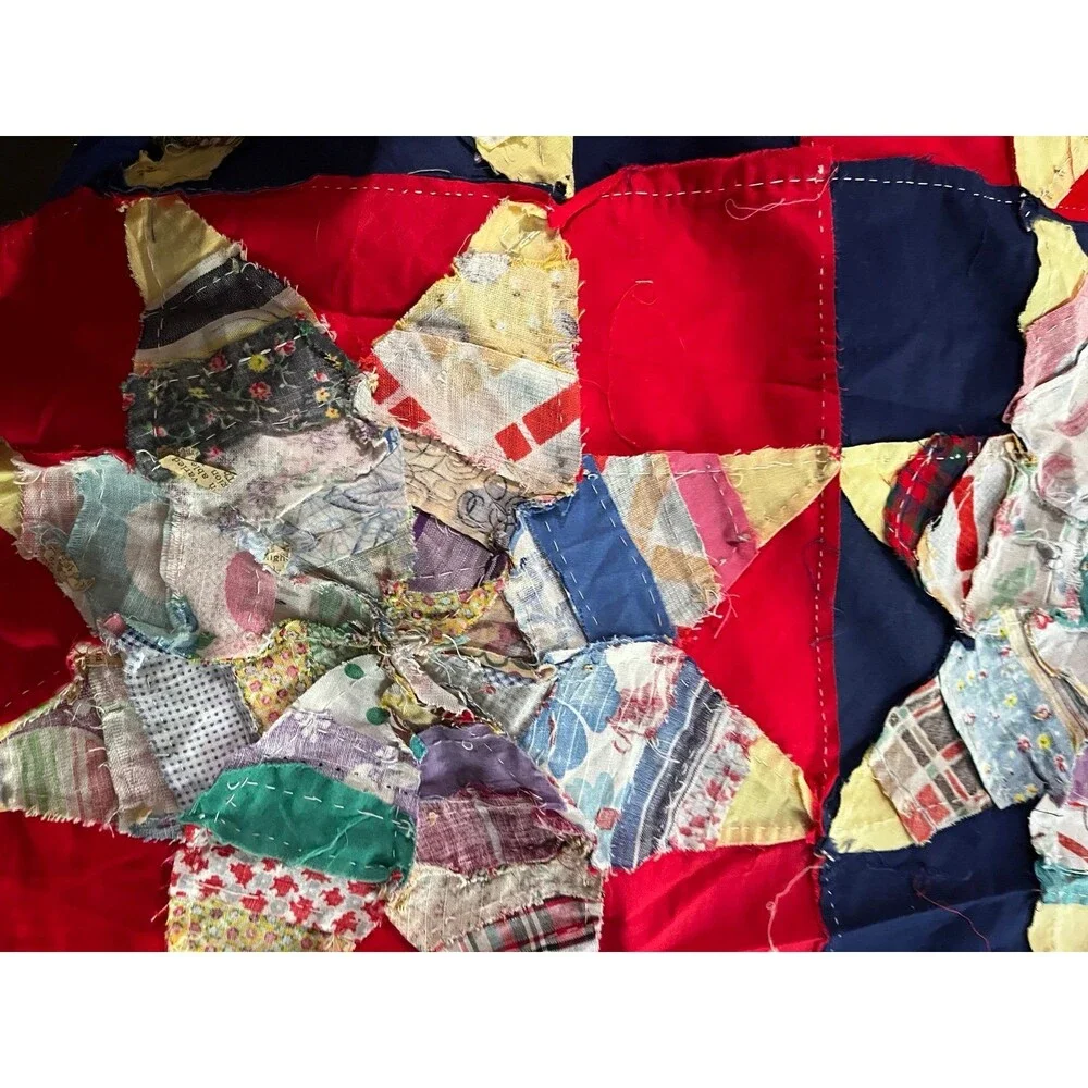 Vintage Handstitched Quilt Topper Red Navy Star Pattern Cottage core 82” x 71”